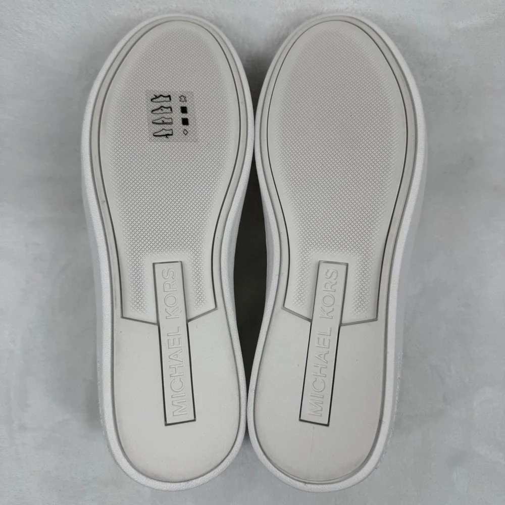 NEW Michael Kors Keaton White Leather Embossed MK Logo Sneakers Gold Hardware 7M